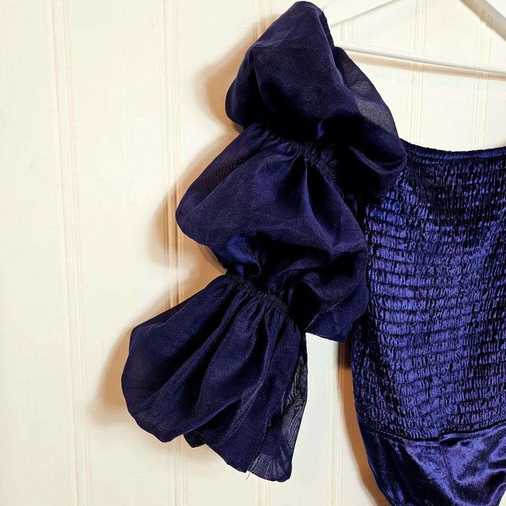 Free People Bodysuit Sz S Girls Just Wanna Velvet Smocked Puff Sleeve Navy Marin